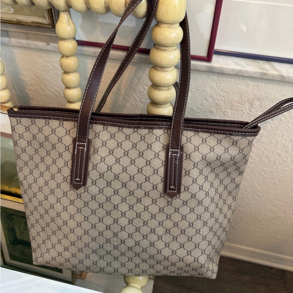 Nice looking Classic Beige Monogram Shopping Tote Bag with Brown Trim